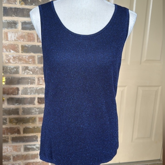 Peck & Peck Blue Metallic Sweater Tank Waffle Texture Lined Ribbed Trim Sz M - Picture 2 of 15